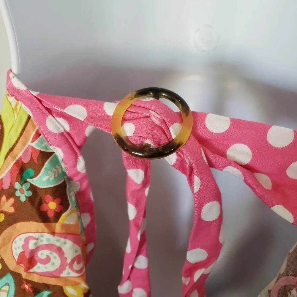 Handmade Skirt Apron Brown Colorful Paisley Print Pink Polka Dot Green Kitchen